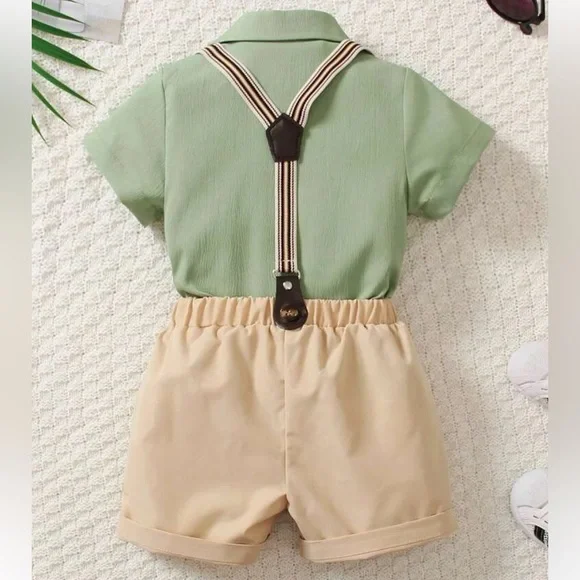 Baby boy bow front shirt and suspender shorts set, 18-24 months, green/tan - Picture 2 of 10